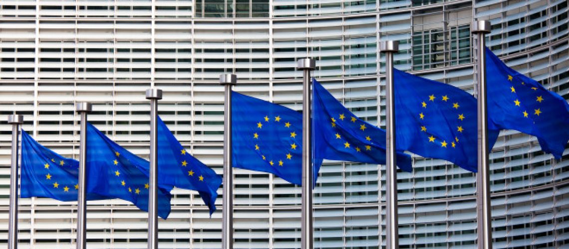 European flags in front of the Berlaymont building headquarters of the European commission in Brussels.